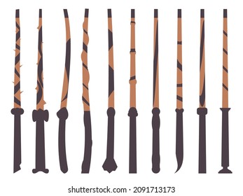 Magic wands icon set isolated on white background. Different types of magic wands. Tool of the wizard and sorcerer. Magic items. Vector illustration