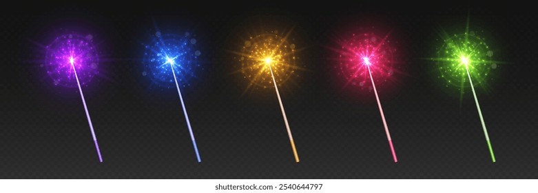 Varitas mágicas con efectos de luz y destellos, bastones de mago para lanzar hechizos con estrellas brillantes. Varillas místicas brillantes de fantasía colorida. Ilustración vectorial