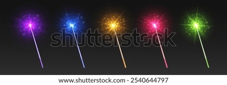 Magic wands with light effects and sparkles, wizard staffs for casting spells with glowing stars. Colorful fantasy glittery mystic rods. Vector illustration