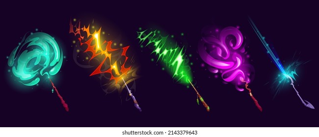Magic wands with light vfx effect, wizard or witch sticks with glow and colorful beams of spell. Wooden and metal bizarre rod with sparkling trails. magician assets, Cartoon vector illustration, set