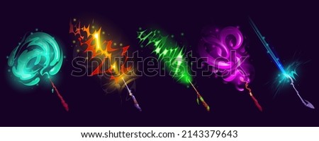 Magic wands with light vfx effect, wizard or witch sticks with glow and colorful beams of spell. Wooden and metal bizarre rod with sparkling trails. magician assets, Cartoon vector illustration, set