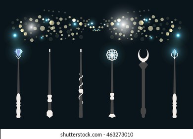 Magic wands. The magical glow of light flashes. Wizard tool. Vector illustration.