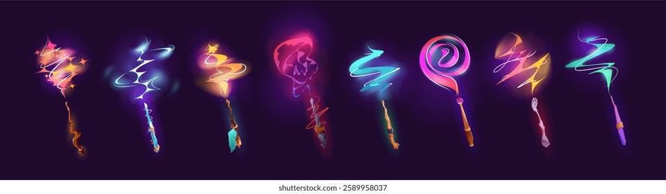 Magic wands set with fairy swirl light trail with sparkles and glitter. Vector cartoon fantasy wizard spell sticks with glow wave trace. Fairytale magician rods with twinkle streak stream