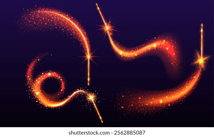 Magic wands set isolated on dark blue background. Vector realistic illustration of neon orange, red light trails, sparkling fairytale swirls with glowing glitter particles, fantasy spell energy vortex