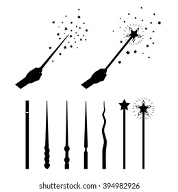 Magic wands set. Silhouettes and icons. Hand holding magic wand. Witchcraft wave. Vector illustration.