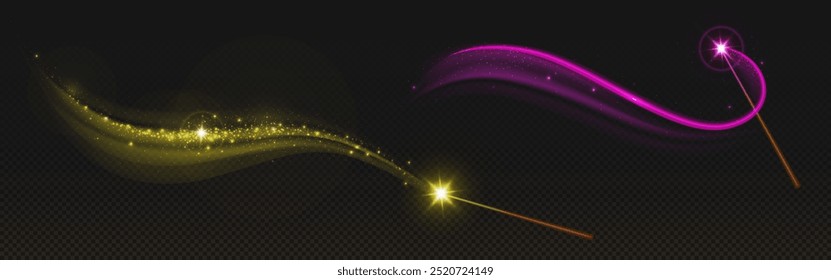 Zauberstäbe mit funkelnden Wirbeln einzeln auf transparentem Hintergrund. Vektorrealistische Illustration von Stöcken mit neongrün, violettem Lichtpfad, märchenhafte Energiebewegung, Wunderkraft