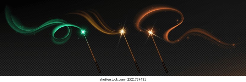 Varitas mágicas con remolinos brillantes aislados sobre fondo transparente. Vector ilustración realista de palos con verde neón, amarillo, rastro de luz naranja, movimiento de energía de cuento de hadas, poder milagroso