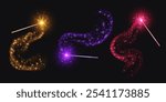 Magic wands with smoke and sparkles, wizard staffs for casting spells with smoke and glowing stars. Colorful fantasy glittery mystic rod in motion. Vector illustration.