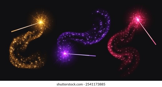 Magic wands with smoke and sparkles, wizard staffs for casting spells with smoke and glowing stars. Colorful fantasy glittery mystic rod in motion. Vector illustration.