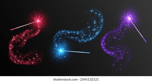 Magic wands with smoke and sparkles, wizard staffs for casting spells with smoke and glowing stars. Colorful fantasy glittery mystic rod in motion. Vector illustration.