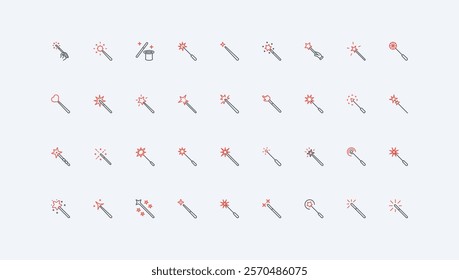 Magic wands, stick of magician with stars shine and sparks, button of graphic design filter line icon set. Rod of fantasy wizard, imagination thin black and red outline symbols vector illustration