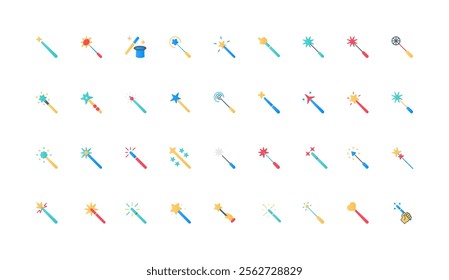 Magic wands, sticks of magician with stars and sparkles color icon set. Wizards tool to generate fantasy miracle, wish and mystery tricks symbols, witchcraft flat elements vector illustration