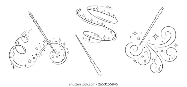 Magic wands with swirl sparkles and stars set. Vector outline illustration of magical spell effects with star dust, decorative wizard staff, fantasy enchantment design.