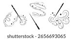 Magic Wands with Swirling Sparkles, Vector Silhouette Fairy Wands with Stars and Glitter, Black White Fantasy Magical Wand, Wizard Witch Equipment Clipart, Decorative Fairy Tale Design Illustration.