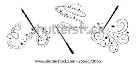 Magic Wands with Swirling Sparkles, Vector Silhouette Fairy Wands with Stars and Glitter, Black White Fantasy Magical Wand, Wizard Witch Equipment Clipart, Decorative Fairy Tale Design Illustration.