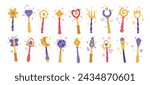 Magic wands wizard, fairy, magician or witch stick for spell, fantasy instrument miracle tool of fantastic characters vector illustration. Fairytale sorcerer trick instrument set isolated on white