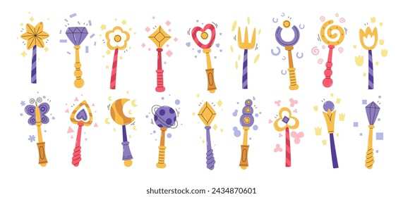 Magic wands wizard, fairy, magician or witch stick for spell, fantasy instrument miracle tool of fantastic characters vector illustration. Fairytale sorcerer trick instrument set isolated on white