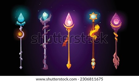 Magic wands, wizard staves, fantasy game weapon. Magician gold and silver sticks, sorcerer scepters with shiny gems, ice crystal and fire isolated on background, vector cartoon set