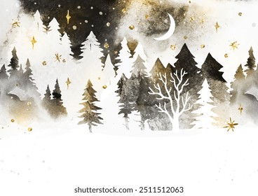 Magic watercolor winter vector landscape with forest under night sky in dark and white colors. Сoniferous forest, snow, moon and abstract watercolor splashes