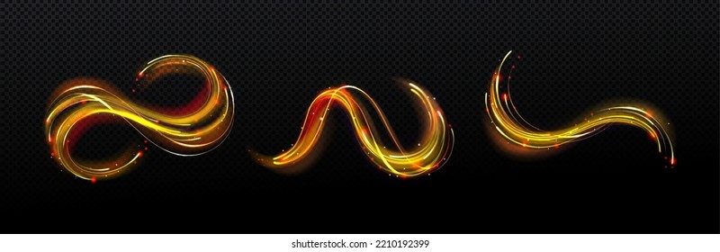 Magic waves effect with glowing golden stars and flying sparks. Gold swirl of wand, magician spell trace, wizard, fairy light, shiny lightnings isolated on transparent background, Realistic vector set