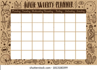 Planificador mágico semanal. Dibujo manual de dibujo de dibujo de estilo de ilustración vectorial. Elementos de diseño de ocultismo de brujería.