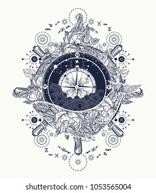 Magic whale, compass and steering wheel tattoo and t-shirt design. Mystical symbol of adventure, dreams 
