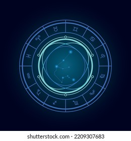 Magic wheel with aquarius star sign and twelve signs of the zodiac in a dark background, astrology, esotericism. Astrology zodiac star signs magic circle
