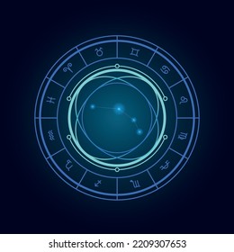 Magic Wheel With Aries Star Sign And Twelve Signs Of The Zodiac In A Dark Background, Astrology, Esotericism. Astrology Zodiac Star Signs Magic Circle