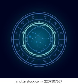 Magic wheel with gemini star sign and twelve signs of the zodiac in a dark background, astrology, esotericism. Astrology zodiac star signs magic circle