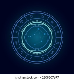 Magic wheel with libra star sign and twelve signs of the zodiac in a dark background, astrology, esotericism. Astrology zodiac star signs magic circle
