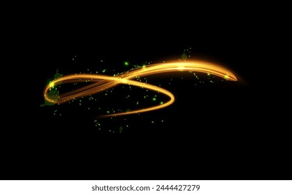 Magic whirlpool, golden vortex with shining green particles and petals. Vector illustration of a swirling magical stream on a black background, perfect for game theme visuals.