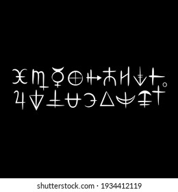 magic white alchemical symbols on a black background