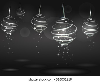 Magic  white Christmas tree balls on dark gray background. Glowing spirals trace with shined dust. New Year & Christmas vector illustration.