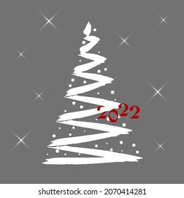 Magic white Christmas tree made of brush strokes with snowflakes and red numbers on a gray background with sparkling stars. Merry Christmas and Happy New Year 2022. Vector illustration.