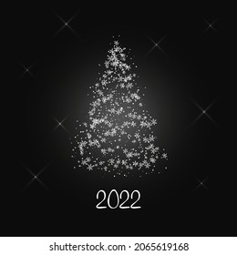 Magic white Christmas tree of snowflakes with a sparkling stars on a dark gray background. Merry Christmas and Happy New Year 2022. Vector illustration.