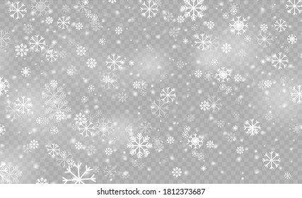 Magic white snowfall texture. Christmas snow flake pattern. Snowfall, snowflakes in different shapes and forms. Many white cold flakes elements on transparent background. Vector illustration.