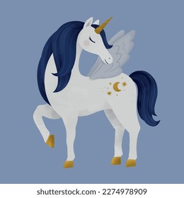 Magic white unicorn with blue mane and golden stars and moon watercolor vector illustration