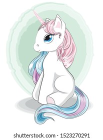 Magic white unicorn with a pink and blue mane, a tail, a blue eyes. The picture in hand drawing style, can be used for t-shirt print, wear fashion design, greeting card, baby shower