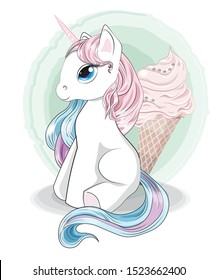 Magic white unicorn with a pink and blue mane, a tail, a blue eyes and ice cream. The picture in hand drawing style, can be used for t-shirt print, wear fashion design, greeting card, baby shower