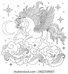 Magic white unicorn with a rainbow mane in the clouds. For the design of prints, posters, stickers, cards, puzzles, T-shirts, cups, etc. Vector illust