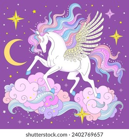 Magic white unicorn with a rainbow mane in the clouds. For the design of prints, posters, stickers, cards, puzzles, T-shirts, cups, etc. Vector illust