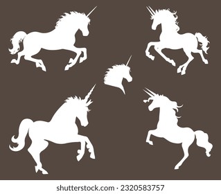 Magic white unicorn silhouette, Stylish icons,vintage, background, horses tattoo. Hand drawn unicorn vector illustration, outline black isolated on brown background