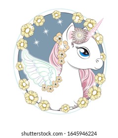 Magic white unicorn with wing. pink mane and blue eyes, in flower garden. Picture in hand drawing style, for t-shirt wear fashion print design, greeting card, postcard. baby shower. party invitation.