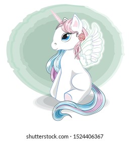 Magic white unicorn with wings, pink and blue mane, tail and blue eyes. The picture in hand drawing style, can be used for t-shirt print, wear fashion design, greeting card, baby shower