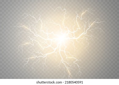 Magic white-gold lightning on a light transparent background. Bright lighting effects with a splash of light dust. Vector illustration
