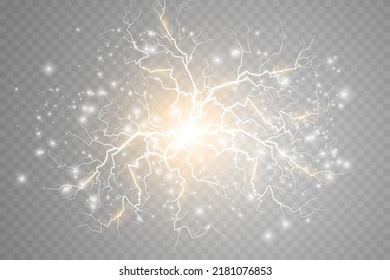 Magic white-gold lightning on a light transparent background. Bright lighting effects with a splash of light dust. Vector illustration
