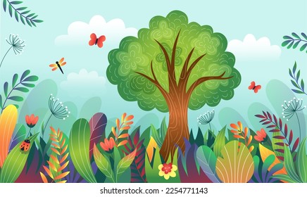 Magische wilde Natur. Zauberhafter Garten. Waldhintergrund. Enchante Kinder Naturraum. Dschungelpflanzen. Fliegende Schmetterlinge. Magische Wälder. Schöne Landschaft. Vektorgrafik, heller Hintergrund