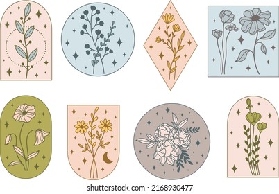 Magic wildflowers vector designs set. Boho celestial wildflowers. Mystical field flowers and stars