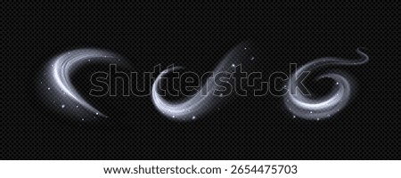Magic wind snow swirls with sparkling particles - white frosty air streams, glowing winter magic effects and icy spiral gusts for fantasy spell casting, blizzard animation or mystical weather graphic.