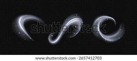 Magic wind snow swirls with sparkling particles - white frosty air streams, glowing winter magic effects and icy spiral gusts for fantasy spell casting, blizzard animation or mystical weather graphic.